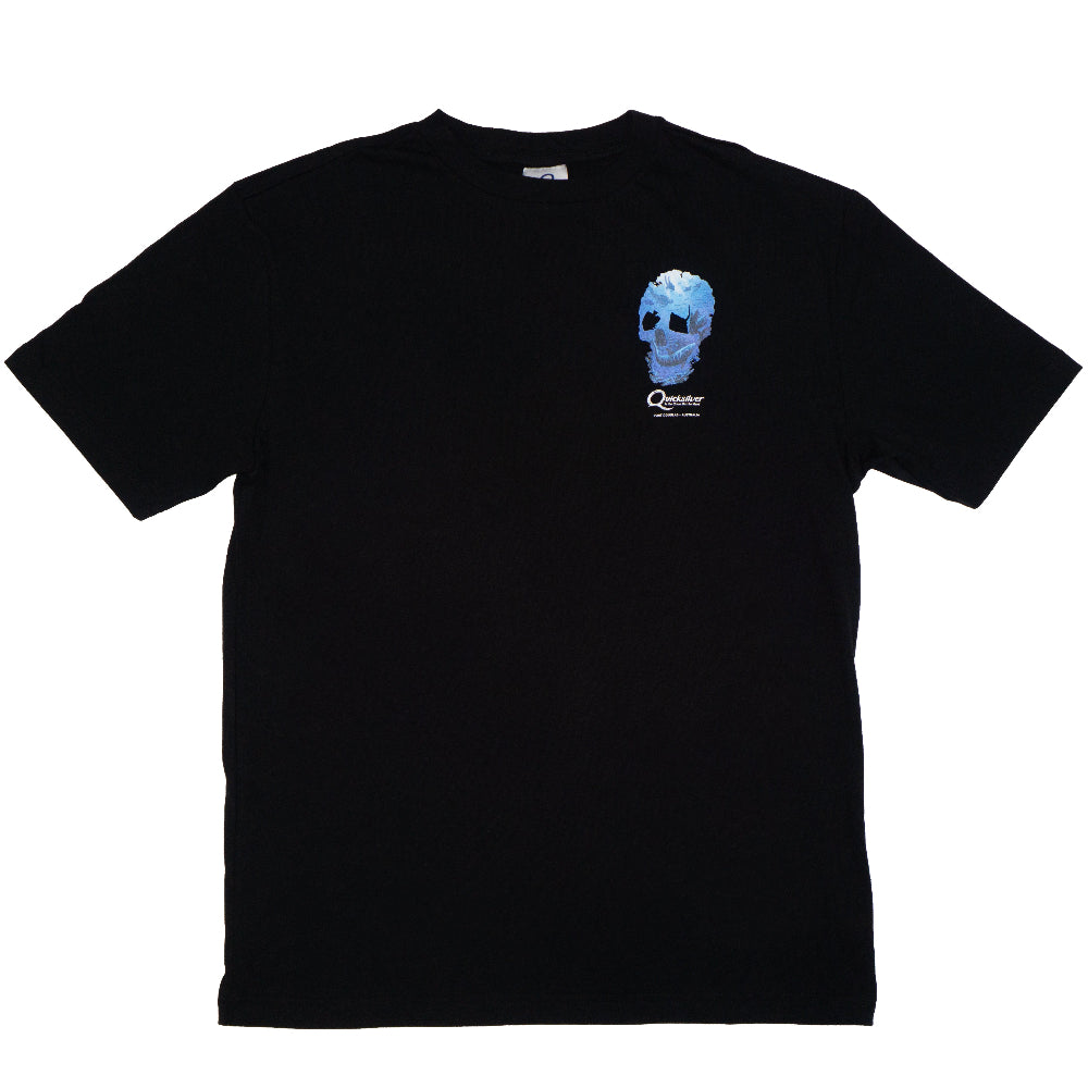 Black t-shirt with a blue skull design on a white background