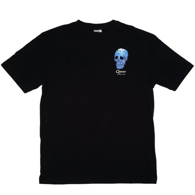 Black t-shirt with a blue skull design on a white background