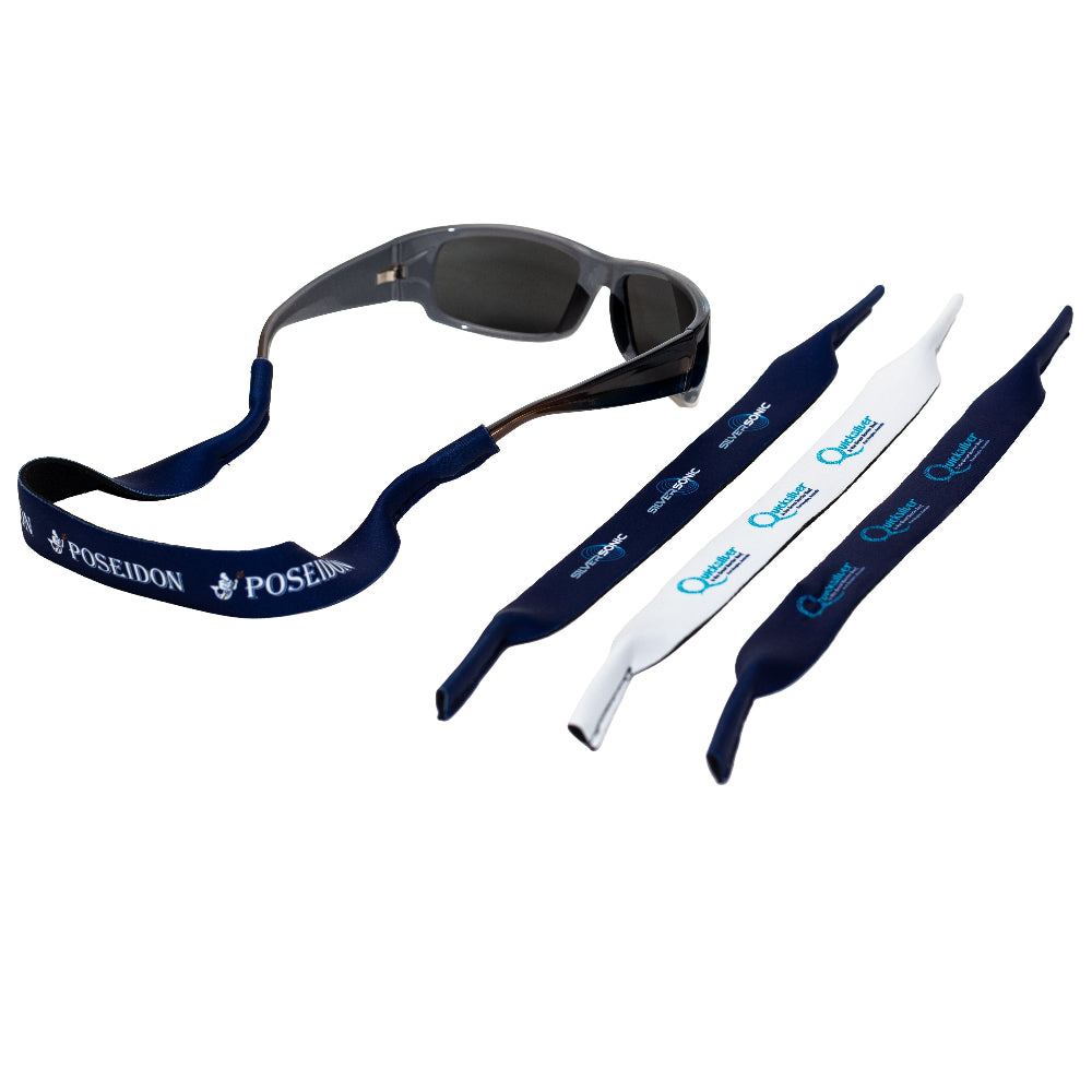 Sunglasses with a blue strap and white handles with branding on a white background