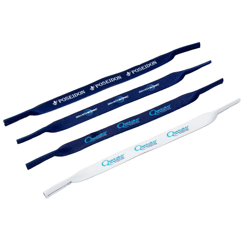 Four sunglass straps with 'Poseidon', 'Silversonic' and 'Quicksilver' branding on a white background