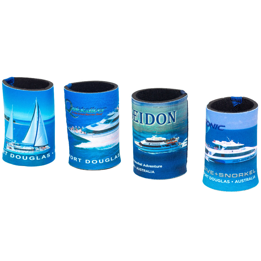 Four blue can coolers with boat graphics and text on a white background