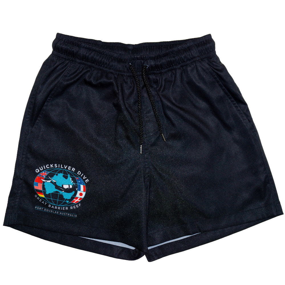 Black shorts with a logo on the left side against a white background