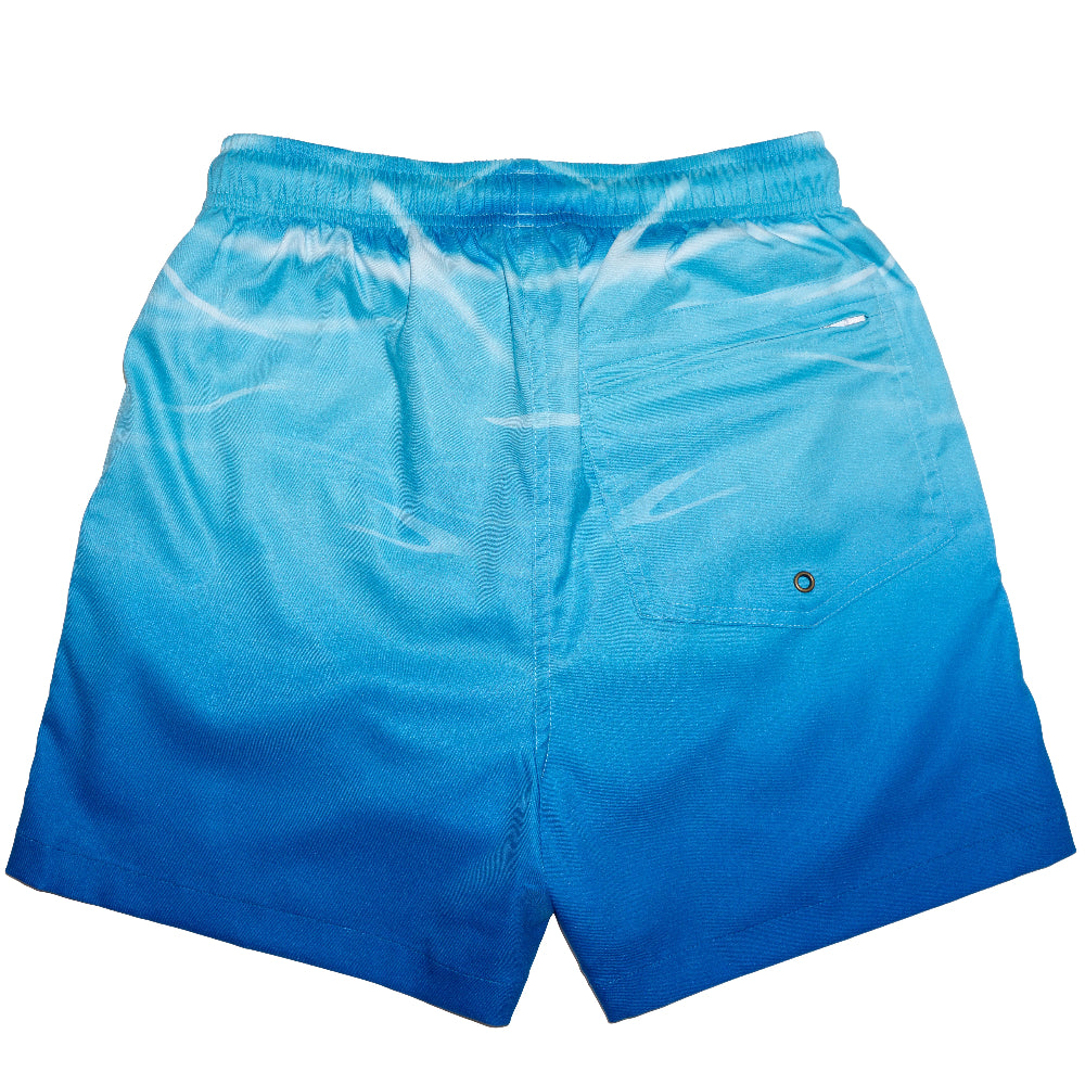 Blue swim shorts on a white background