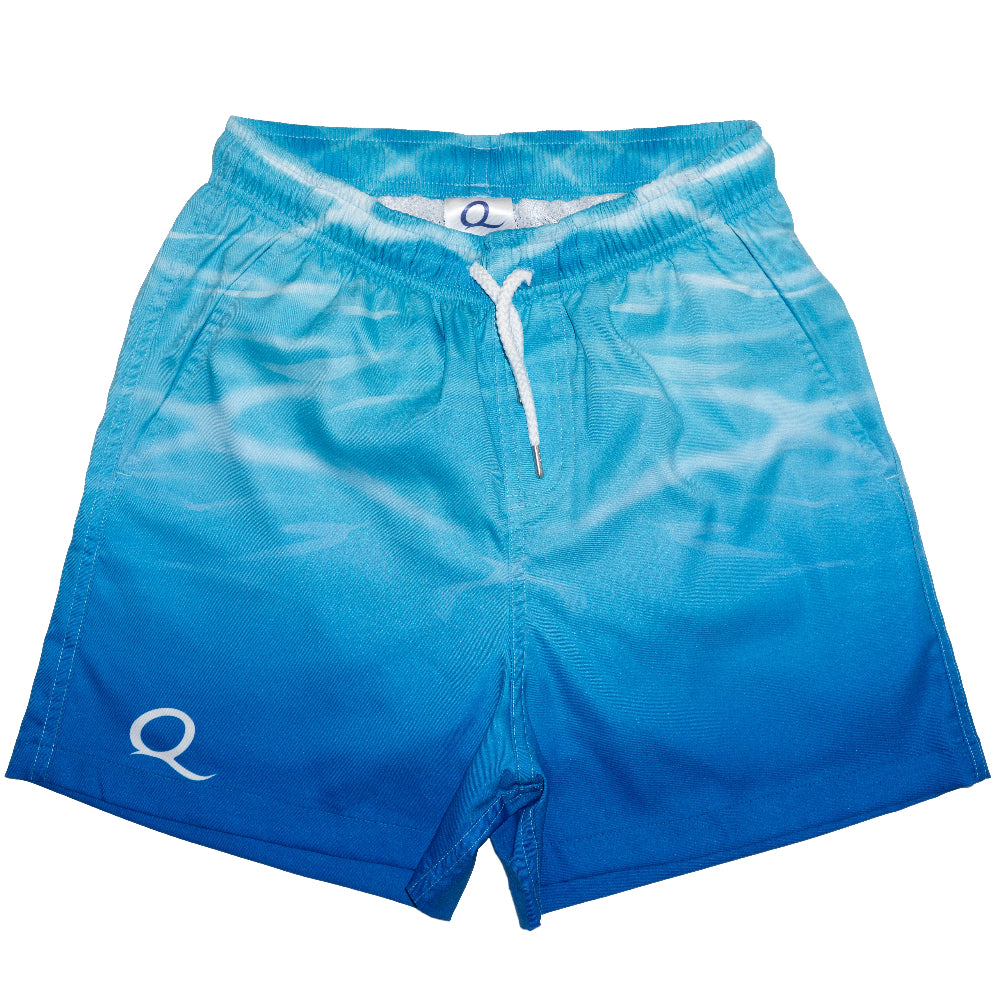 Blue swim shorts with a logo on a white background