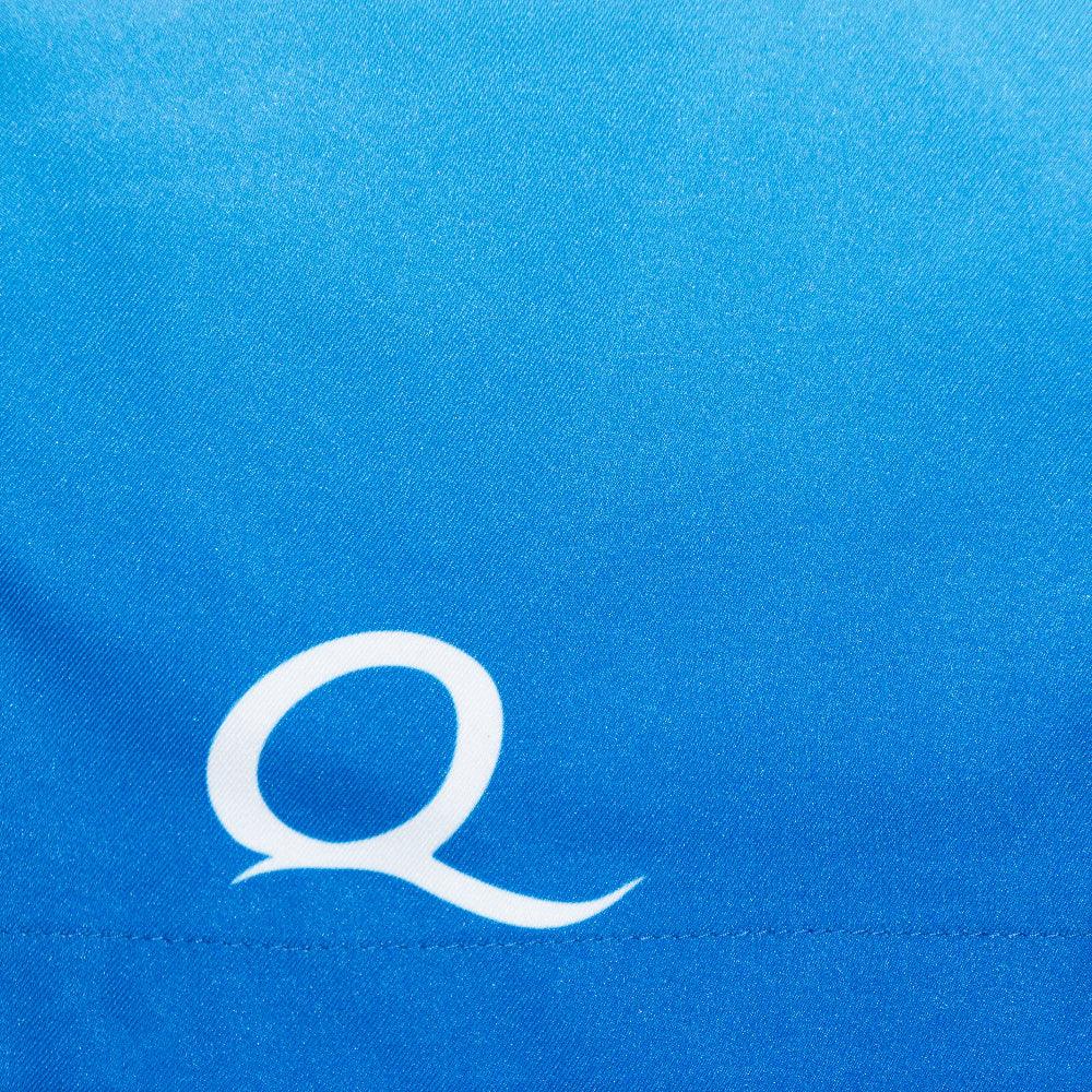 White letter 'Q' logo on a blue background