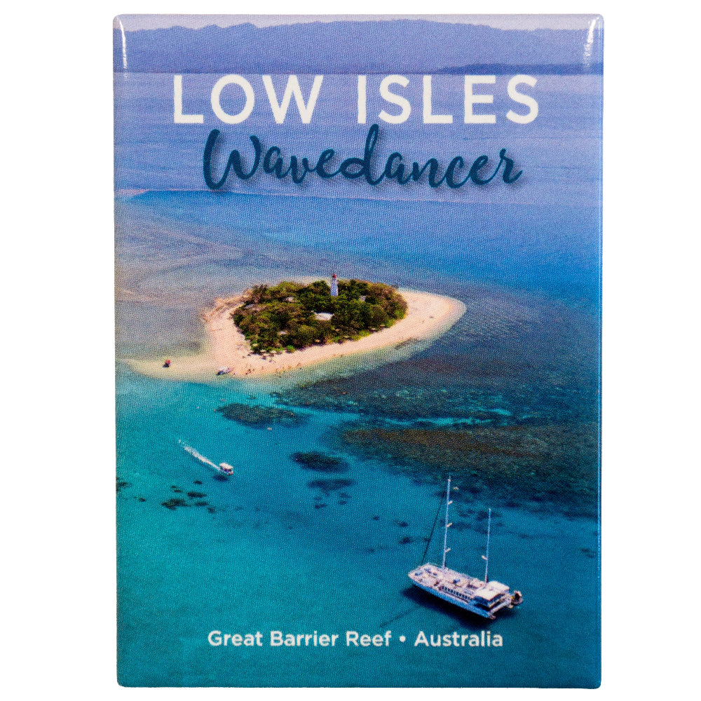 Product packaging with an image of an island and ocean, labeled 'Low Isles Wavedancer' on the Great Barrier Reef in Australia.