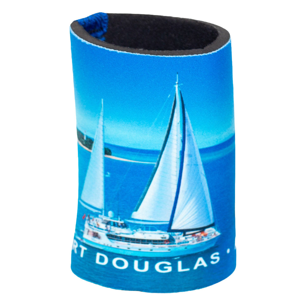 Blue can cooler with sailboat design and 'Port Douglas' text on a white background
